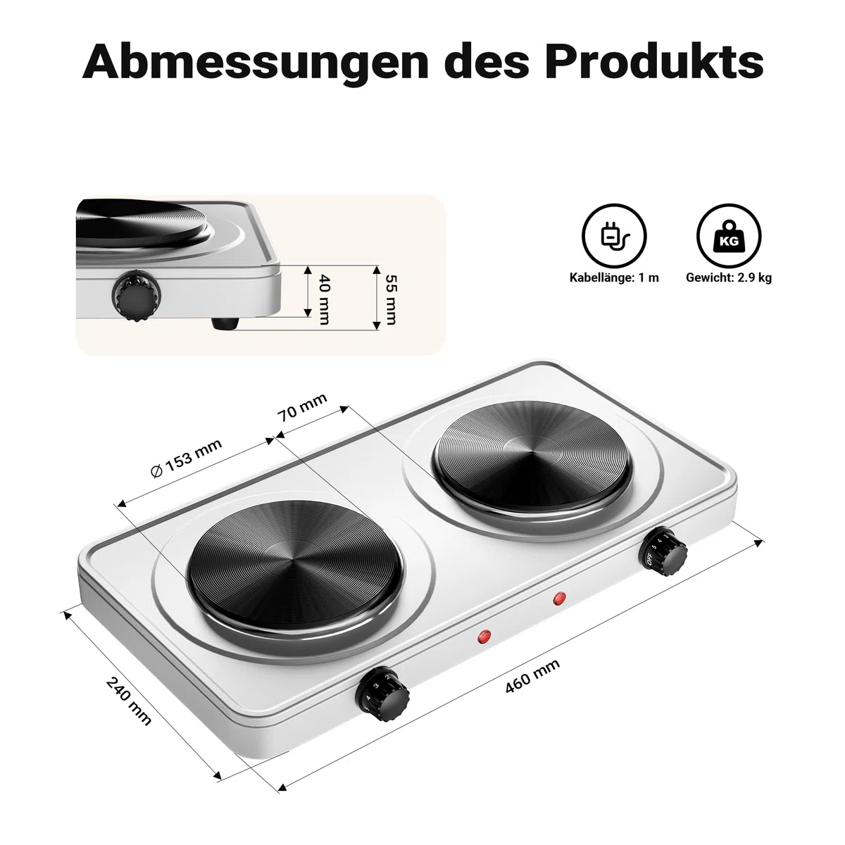 Wiltec Doppelkochplatte 2000W Kochplatte elektrisch mit Thermostat und Überhitzungsschutz Camping Herdplatte aus Gusseisen Elektro Kochplatte