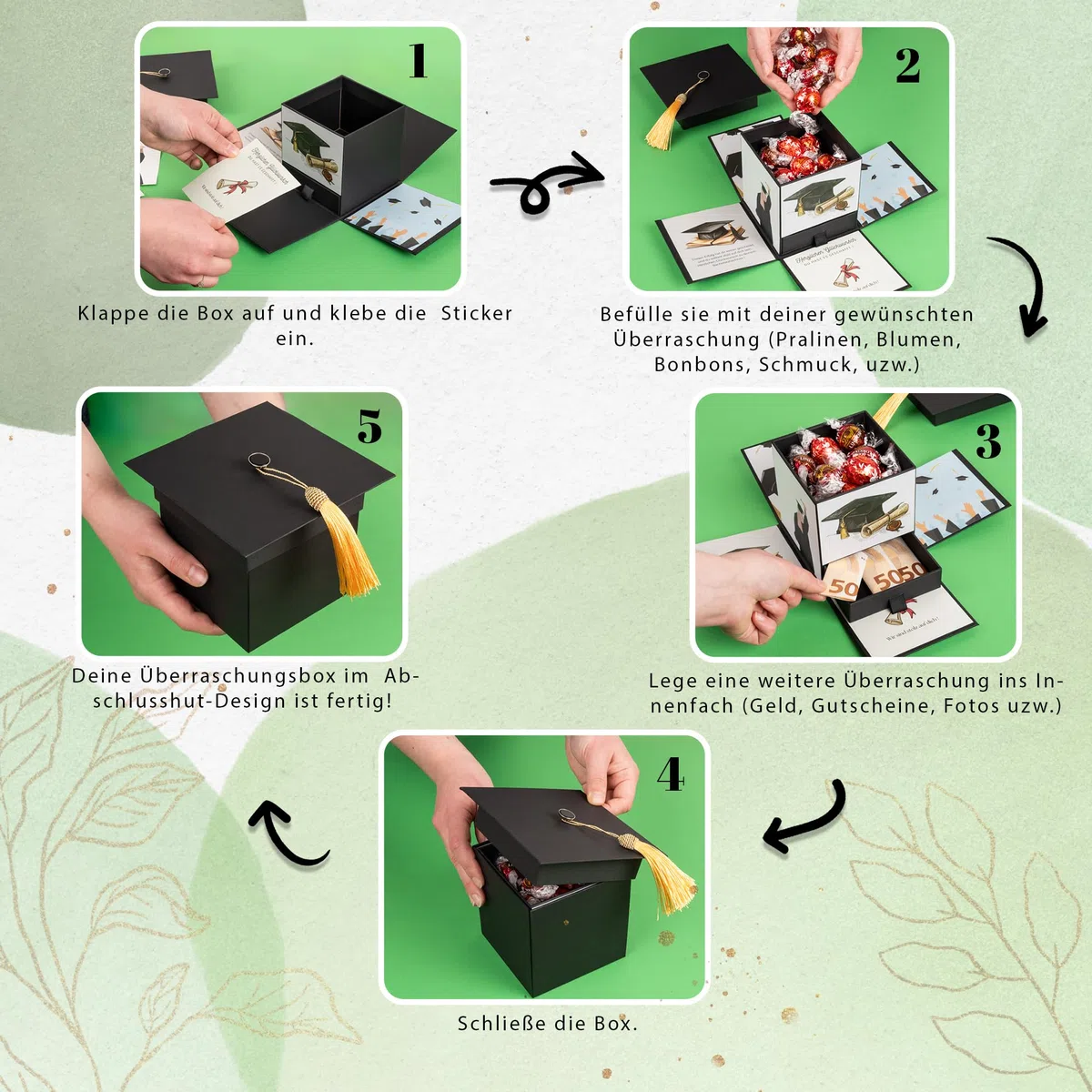 Explosionsbox – Abschluss Geschenk, Geschenkbox Abitur, Abi Bachelor Master Uni Schulabschluss Geschenke, Überraschungsbox, Doktorhut, Graduiertenhut, Geldgeschenk, Graduation Deko, Suprise Box