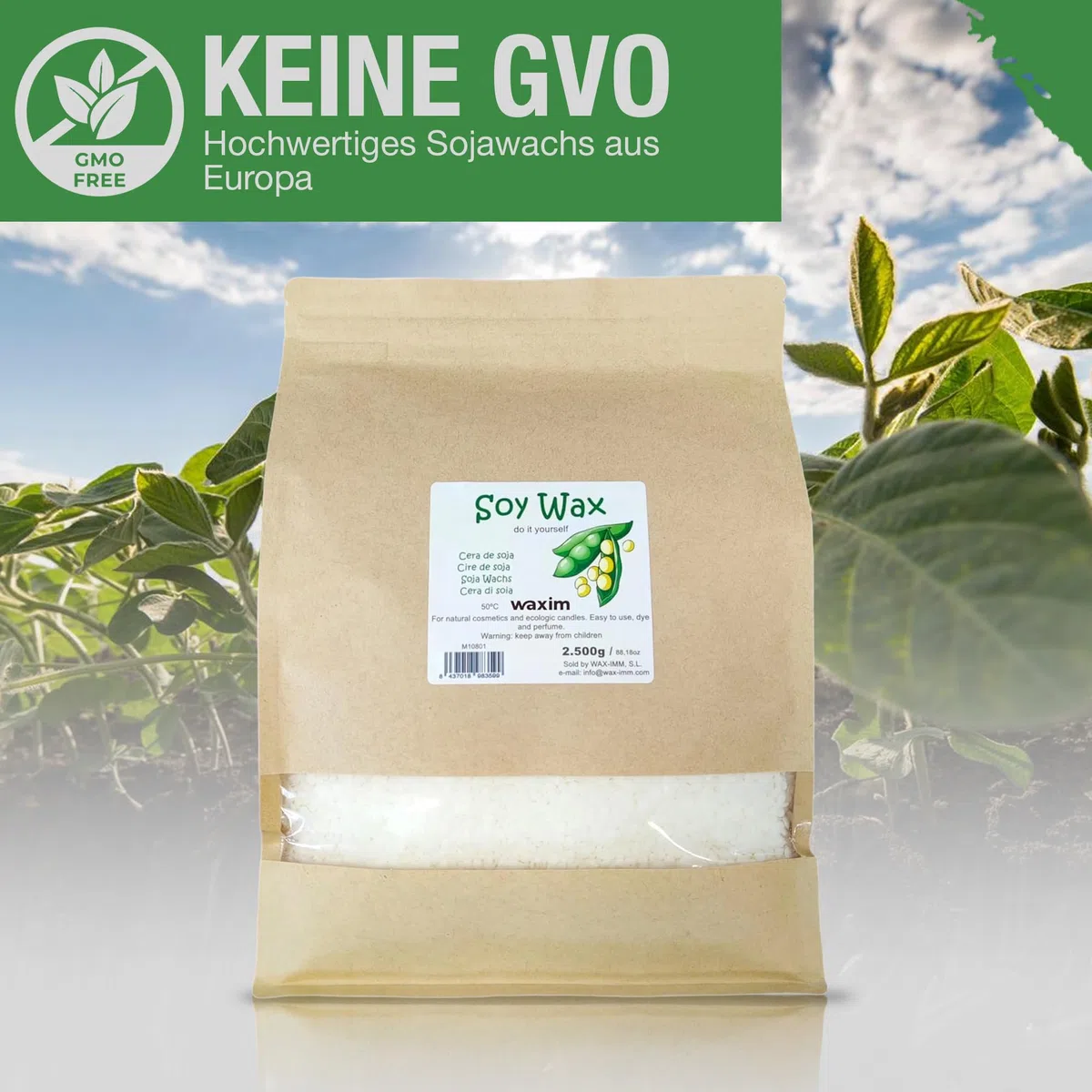 WAXIM Sojawachs Kerzenwachs zum Gießen | Wachs für Kerzen selber machen in Perlen 2.500 g | Kerzenwachs Granulat | Pflanzliche Basis für Behälter | Gleichmäßiges Schmelzen und Saubere Verbrennung