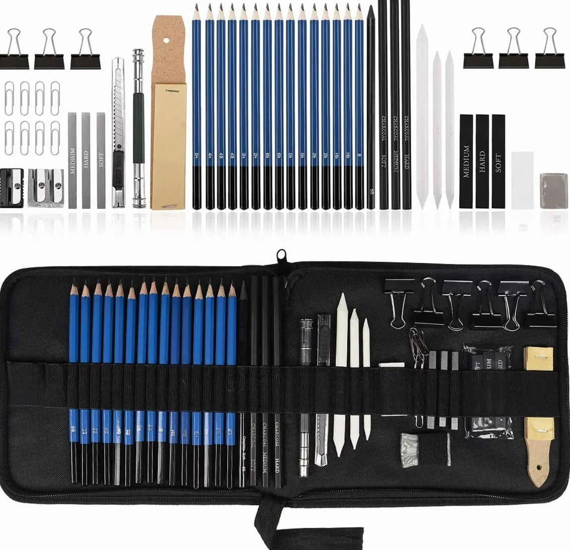 Skizzierstifte Set Bleistifte, Zeichenstifte für Skizzieren und Zeichnen, Zeichnungen Stifte für Anfänger, Künstler und Profi Art mit Graphitkohlestifte Sticks Werkzeuge und Kit Bag - 50 Stück
