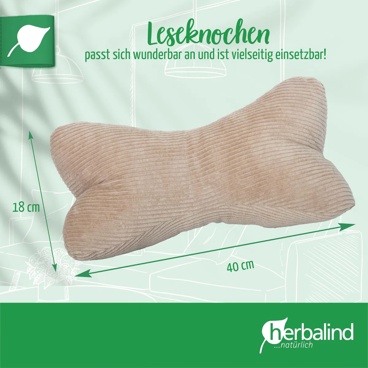 Herbalind Leseknochen Nackenrolle 40x18 cm Cord Design - 100% Baumwolle Cordstoff robust und waschbar - ergonomisches Nackenkissen als Lesekissen zum Relaxen, Lesen - für Tablet, Buchstütze - Camel