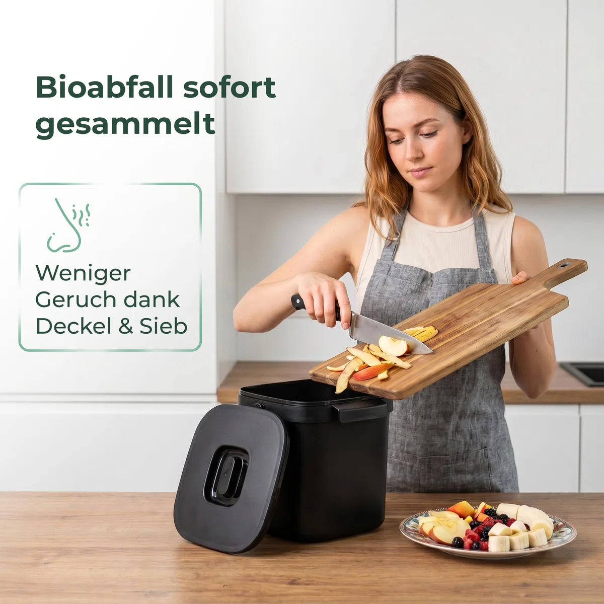 Novaliv Bio-Tischmülleimer 5L Schwarz mit Sieb, Komposteimer Küche mit Klappdeckel & Tragegriff, Biomülleimer klein & hängend für Schranktür, BPA-frei, stapelbar