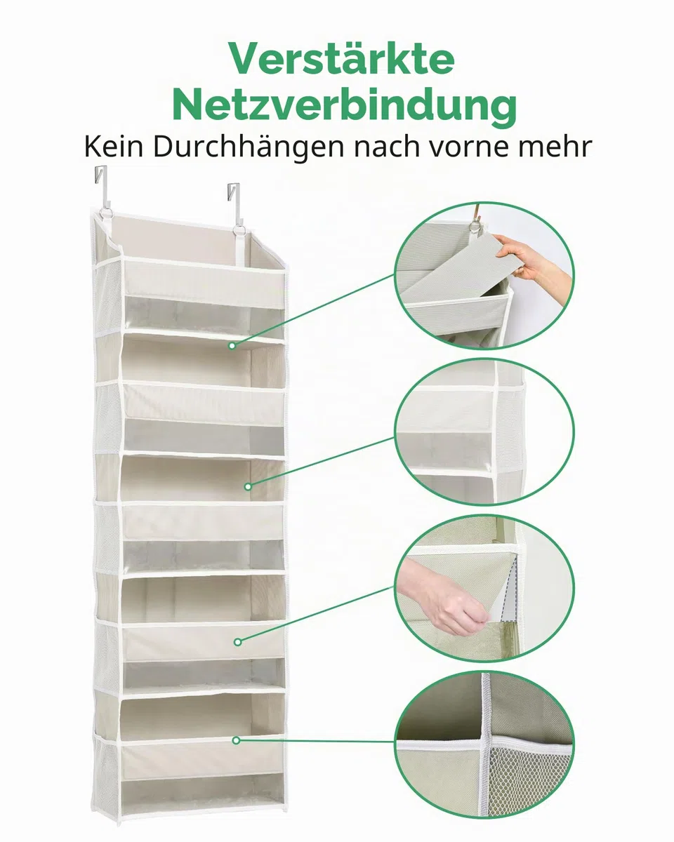 ULG Tür-Organizer, 5 große Taschen, 10 Mesh-Taschen, 20 kg Tragkraft, Hängender Organizer für Schlafzimmer, Bad, Küche, Beige