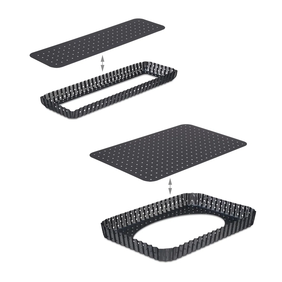Relaxdays Tarteform, 2er Set, mit Hebeboden & Löchern, 2 Größen, antihaftbeschichtet, rechteckige Quicheform, anthrazit