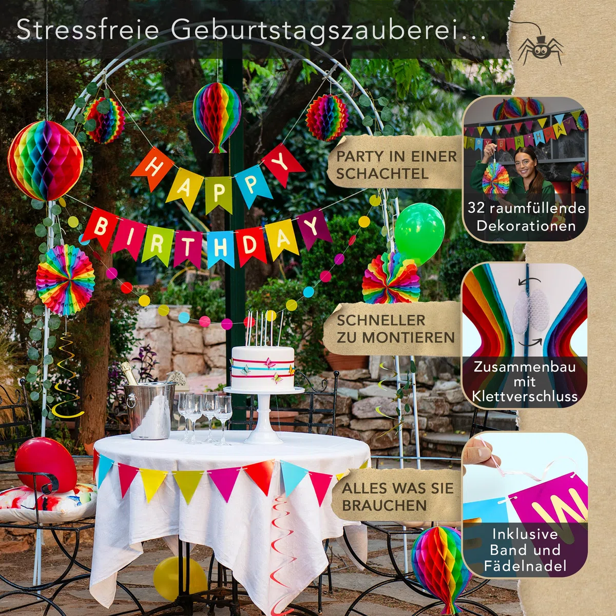 Premium Wiederverwendbare Geburtstagsdeko - Deko Geburtstag / Party Deko - Luftballons, Happy Birthday Girlande, Wimpelkette Geburtstag, Wabenbälle - Happy Birthday Deko (Regenbogen + Ballons)