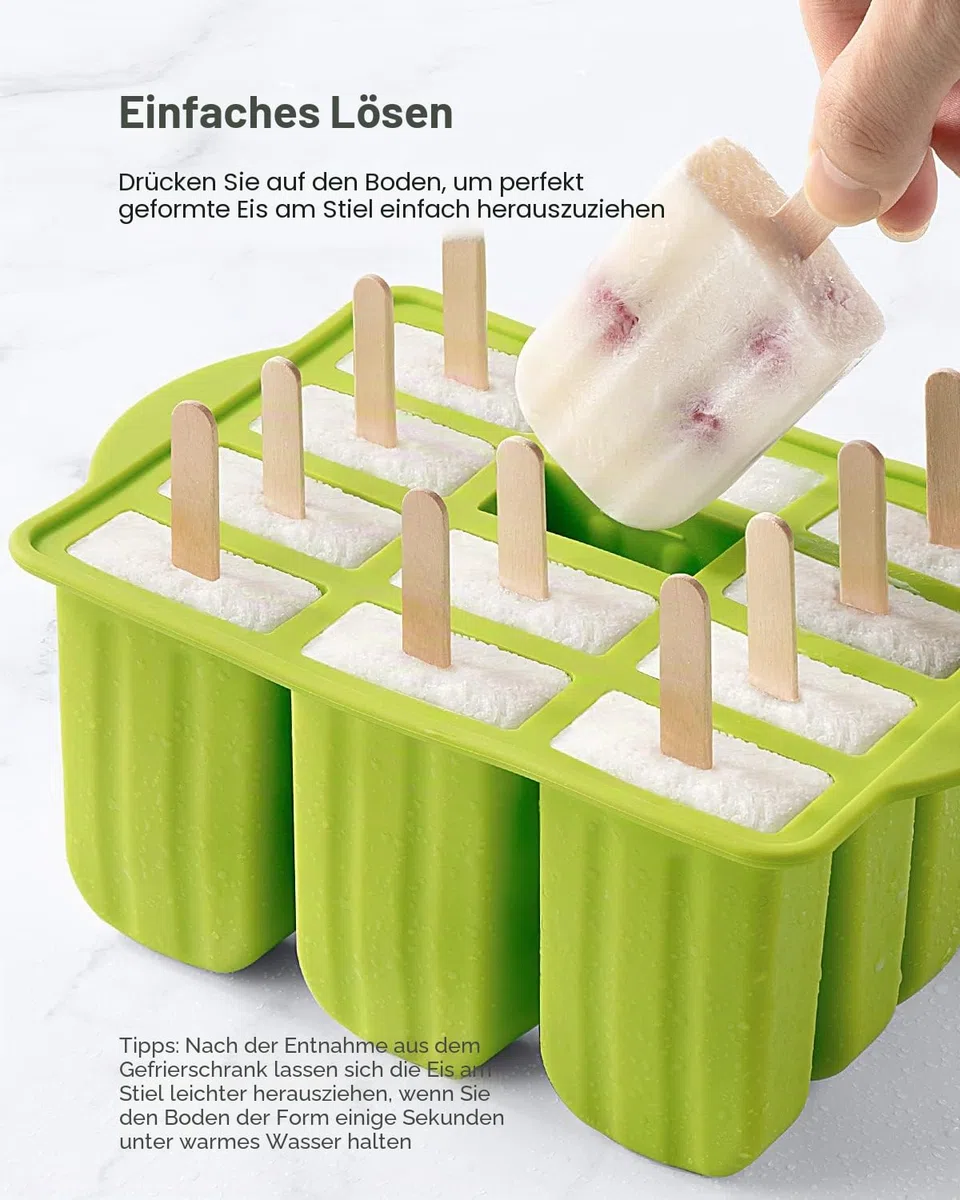 Eisformen Silikon,MEETRUE 12 Eis am Stiel Formen Silikon Eisformen Wiederverwendbar Popsicle Formen Leicht zu lösende BPA-freie Eis-Pop-Hersteller für Kinder und Erwachsene DIY Popsicle,Grün