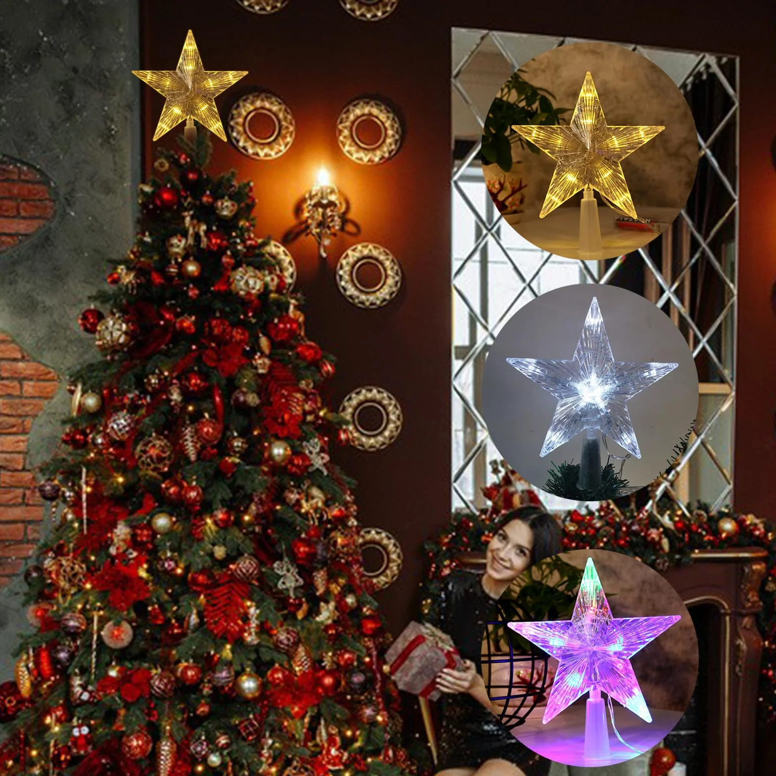Christbaumschmuck, Weihnachtsbaumspitze mit 10 LED Benötigt Batterien - 23 x 23 cm, Leuchtendes Weihnachtsbaum-Pentagramm, Weihnachtsbaum Stern Spitze Baumspitze (Farbiges Licht, 23 * 23cm)
