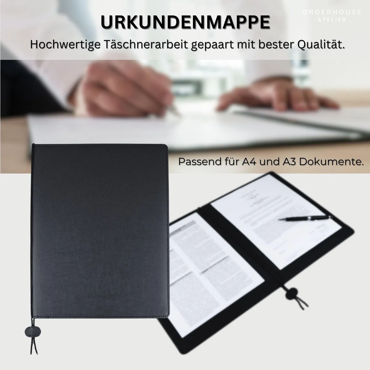 A4 Urkundenmappe schwarz - veganes, genarbtes Kunstleder - Übergabe von Diplom, Zeugnis und Auszeichnung - Vertragsunterzeichnung