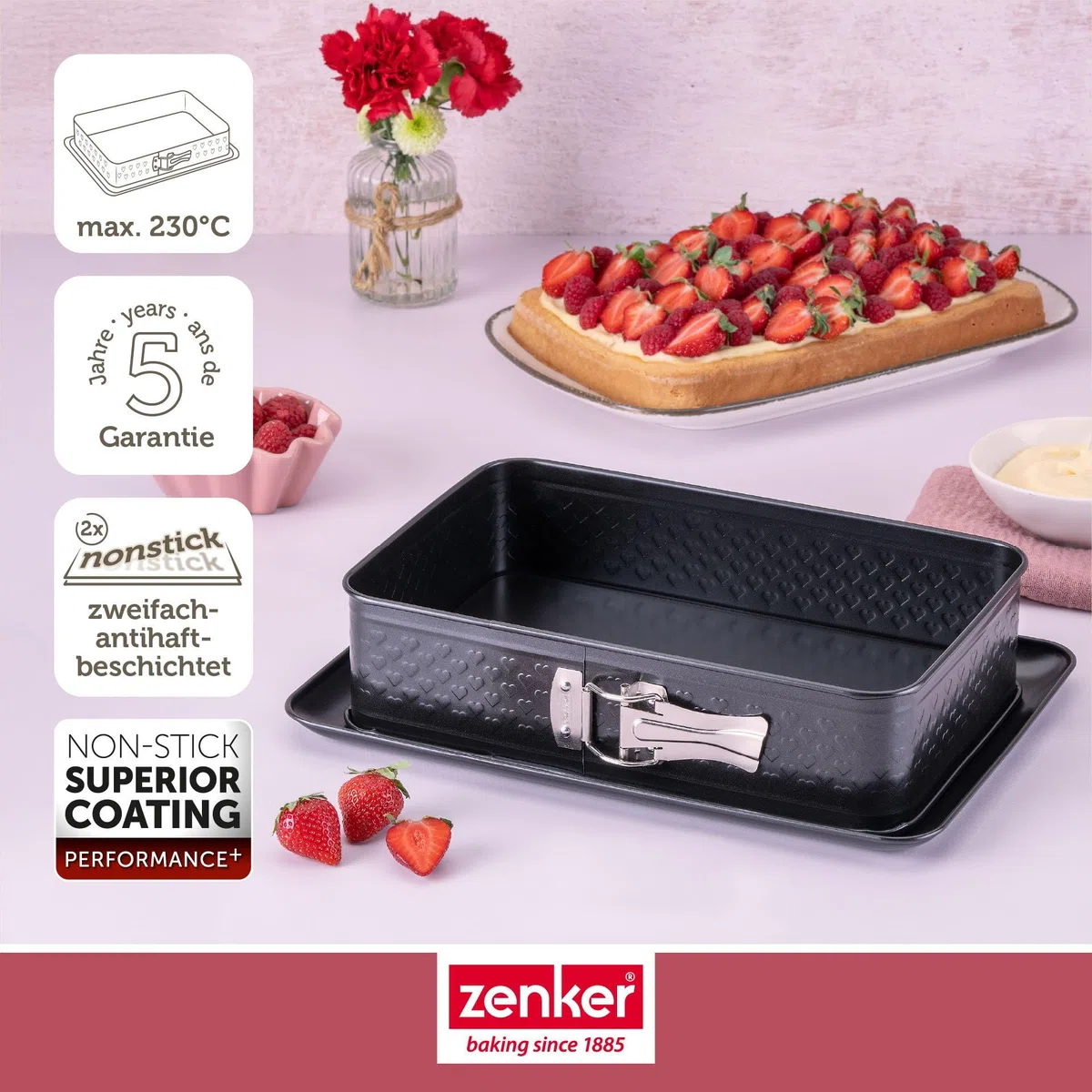Zenker Rechteck-Springform 28 x 18 cm – Ideal für Valentins- & Muttertag, mit einzigartiger Herz-Prägung, PFAS-frei, Made in Germany, Schwarz