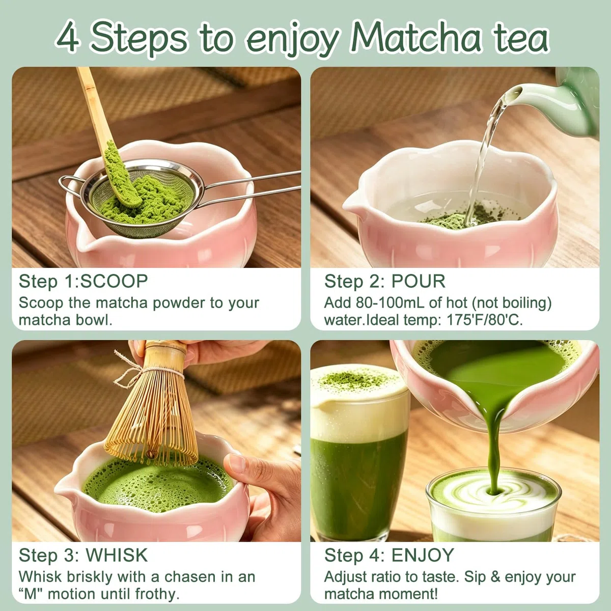 Matcha Besen Set, Matcha Set Rosa - Matcha Schale mit Ausgießer, Bambus Matcha Besen, Besenhalter, Sieb, Löffel und Halter, Japanisches Matcha Kit für Matcha-Liebhaber (Rosa)