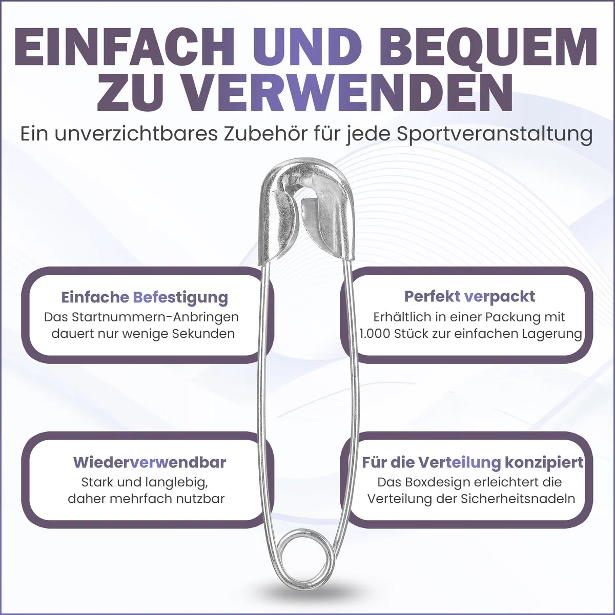 Box mit 1.000 Sicherheitsnadeln für Startnummern 26mm nickelfrei. Mittlere Größe, ideal für Veranstalter von Lauf- und Ultra-Trail-Rennen. Für Sport-Events