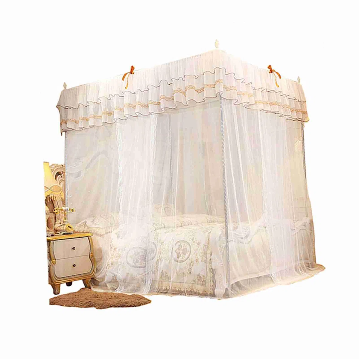 Vier-Eck-Moskitonetz, Schönes Spitzendesign, Einfacher Zugang für Damen, Schlafzimmer-Dekoration, Robustes Polyester-Material (180 * 200 * 200)