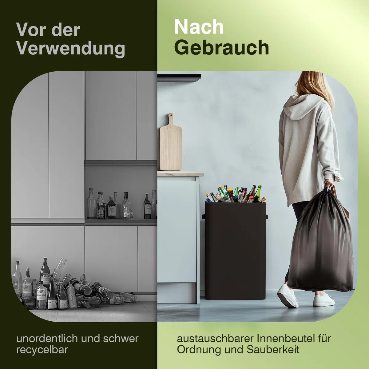 Bathola Pfandflaschen Sammelbehälter mit Deckel 100L, Groß Pfandflaschen Behälter mit 2 Tragetasche, Flaschensammler Leergut für Plastik- und Glasflaschen, Pfandbehälter mit Einwurf, Schwarz