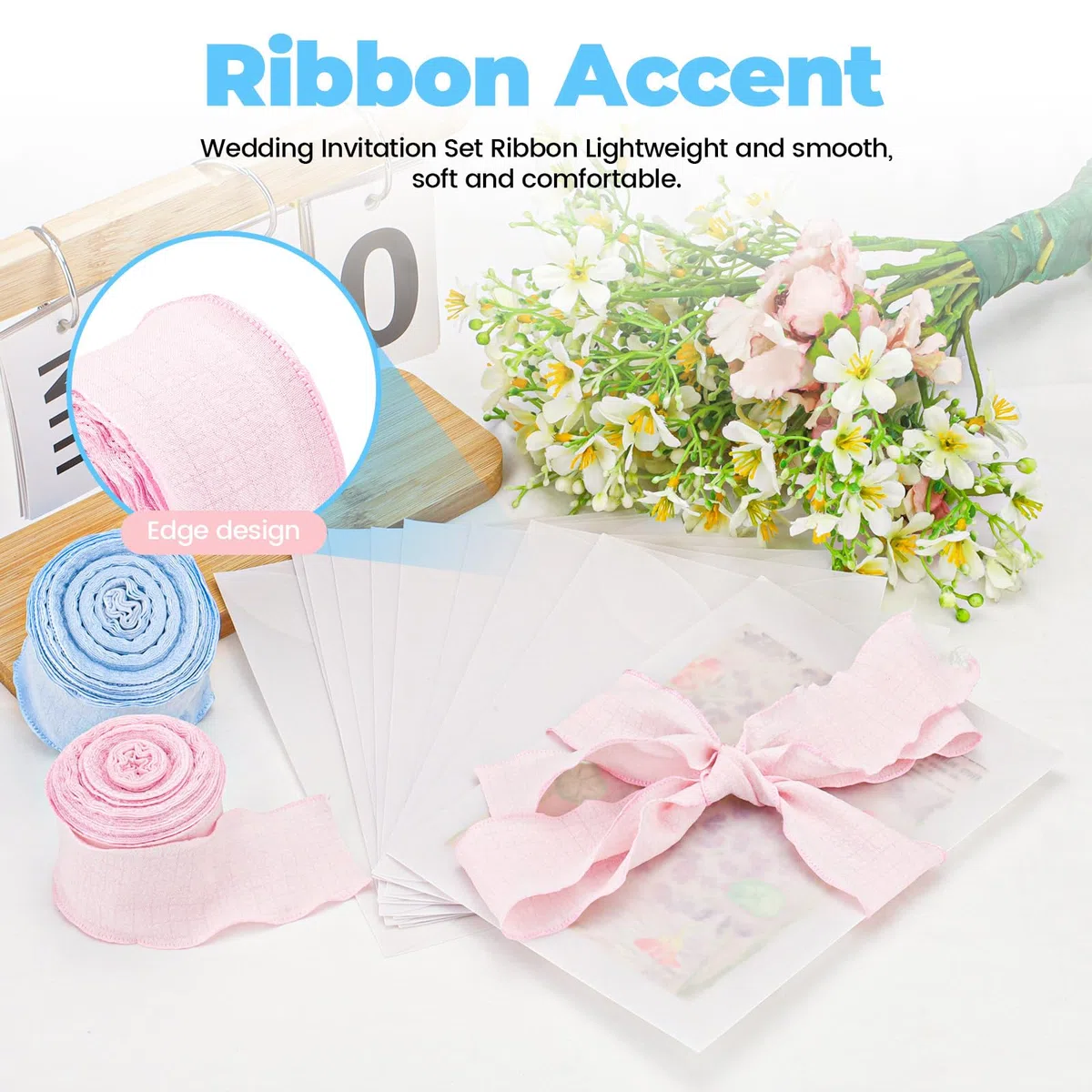 LELE LIFE 20 Stück vorgefaltete Pergamenthüllen für 12,7 x 17,8 cm Einladungen, 135 g/m² Pergamentpapier und 9,1 m rosa Band, durchscheinende Hochzeitseinladungshüllen, Umschlageinlagen