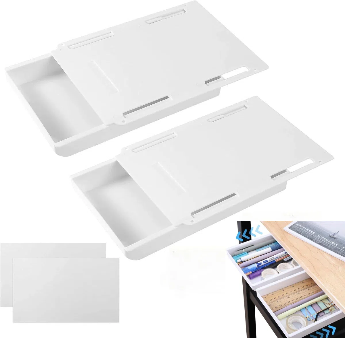 2 Stück Selbstklebende Schubladen Versteckt unter dem Schreibtisch Mini Aufbewahrungsbox für den Schreibtisch, Weiß