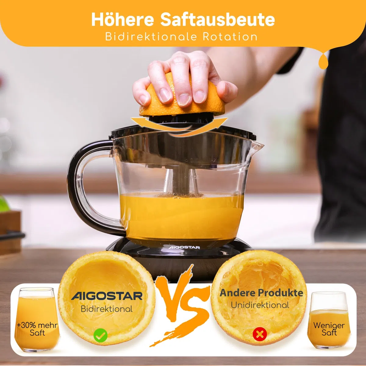 Aigostar Elektrische Zitruspresse 2 Kegel & BPA-Frei, Orangenpresse 40 W, 700ml Saftpresse Elektrisch, 2 Drehrichtungen, Hohe Saftausbeute, Spülmaschinenfest & Tropfsicher