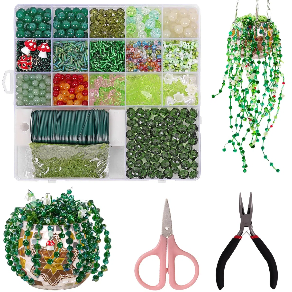 2383 Stück Grüne Perlen-Set, Glasperlen für Künstliche Sukkulenten mit Video Tutorials, DIY Perlen zum Auffädeln für Armbänder Halskette Ohrringe Schmuckherstellung Sonnenfänger Kristall