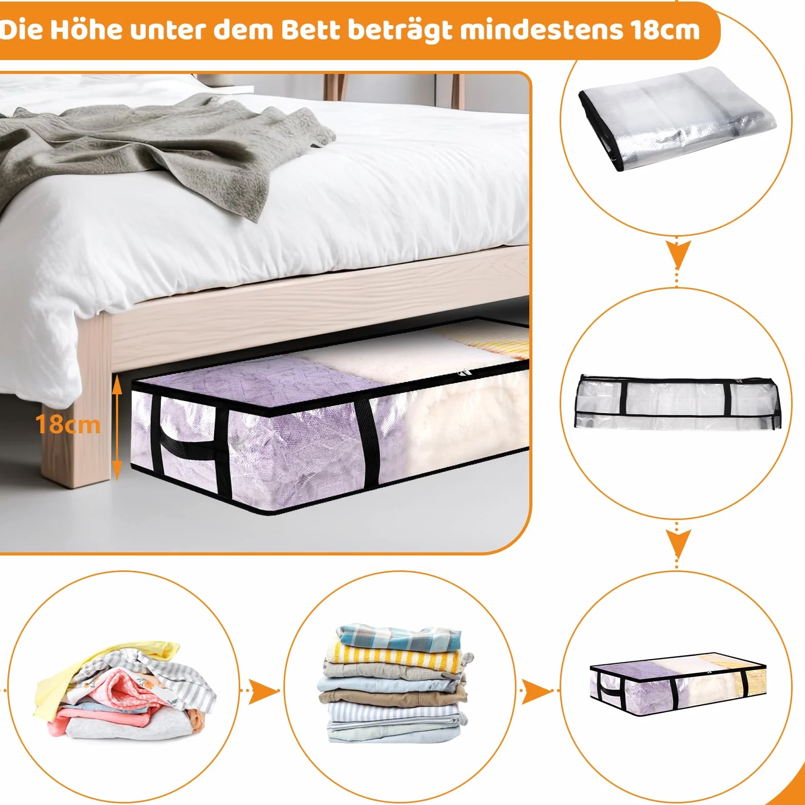 Dntorx 4 Stück 90L Unterbett Aufbewahrungsbox mit Deckel Groß, Transparente Unterbettkommode Faltbare Aufbewahrungstasche mit Griff, Unterbett Aufbewahrung für Bettdecken Kissen Kleidung Aufbewahrung