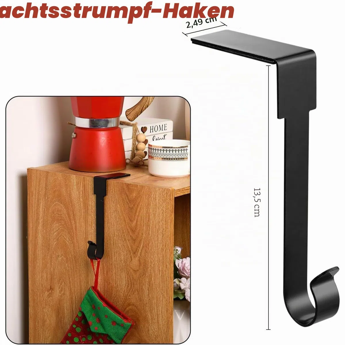 Weihnachtsstrumpfhalter, Metall-Kaminhaken, Aufhänger, rutschfeste Weihnachtsstrumpf-Haken für Kamin, Kaminsims, Weihnachtsfeier, Dekoration (6 Stück, schwarz)