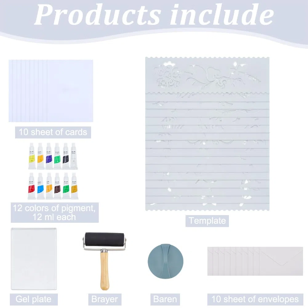 WEBEEDY 10 Set Gell Druckplatten Kit Für Mixed Media Kunst DIY Druckset Mit 12.7x17.8cm Gelplatte Blumen & Blattschablonen Walze Ein Papier Farben & Anleitung