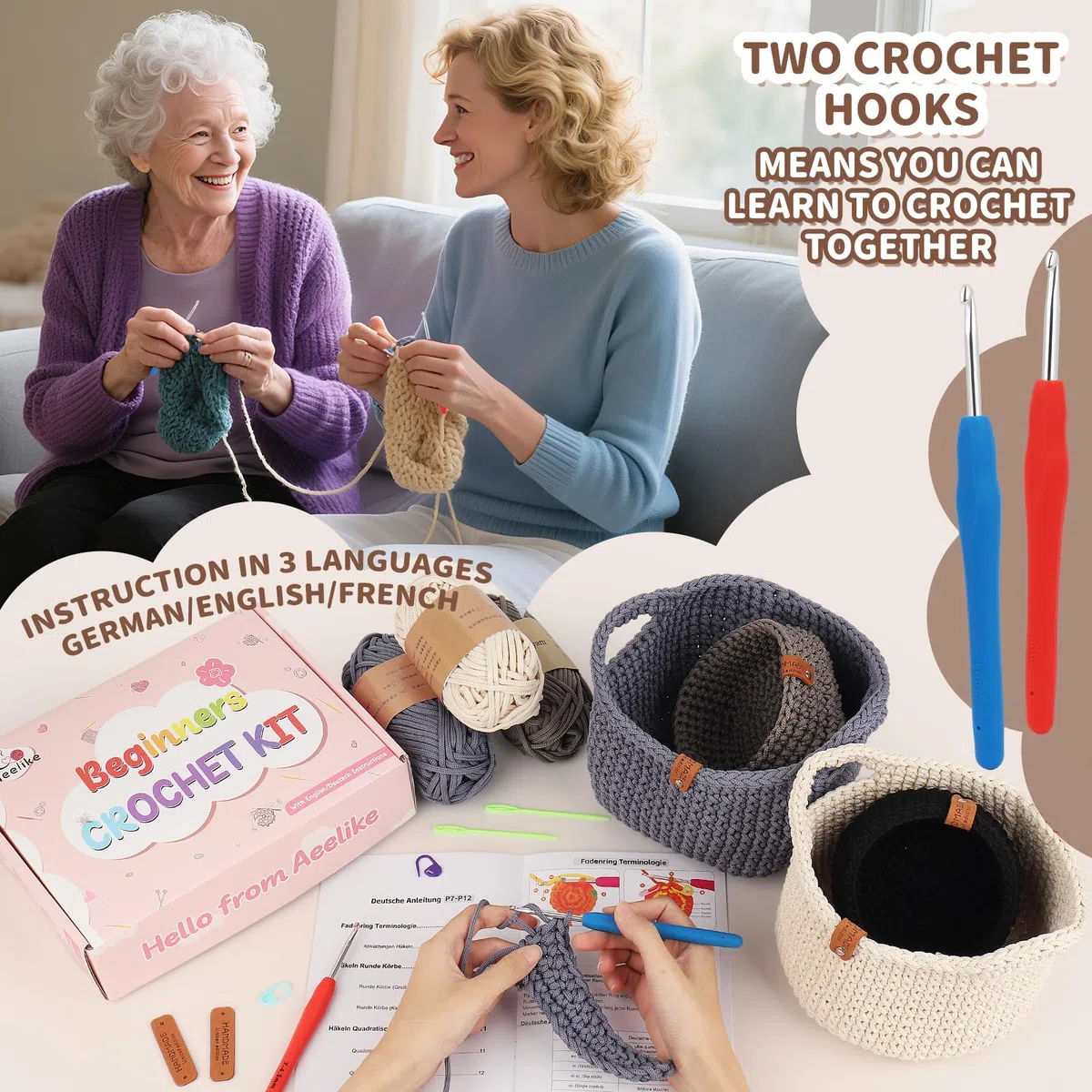 Aeelike 2Pcs Square Häkelkorb Häkelset für Anfänger, Starter Häkelset mit Häkelnadeln 4,5mm 4,0mm, 4 Häkelgarn, Zubehör, Praktisch Häkeln Set Häkelpaket mit 3-Sprachen-Anleitung, Dunkelgrau