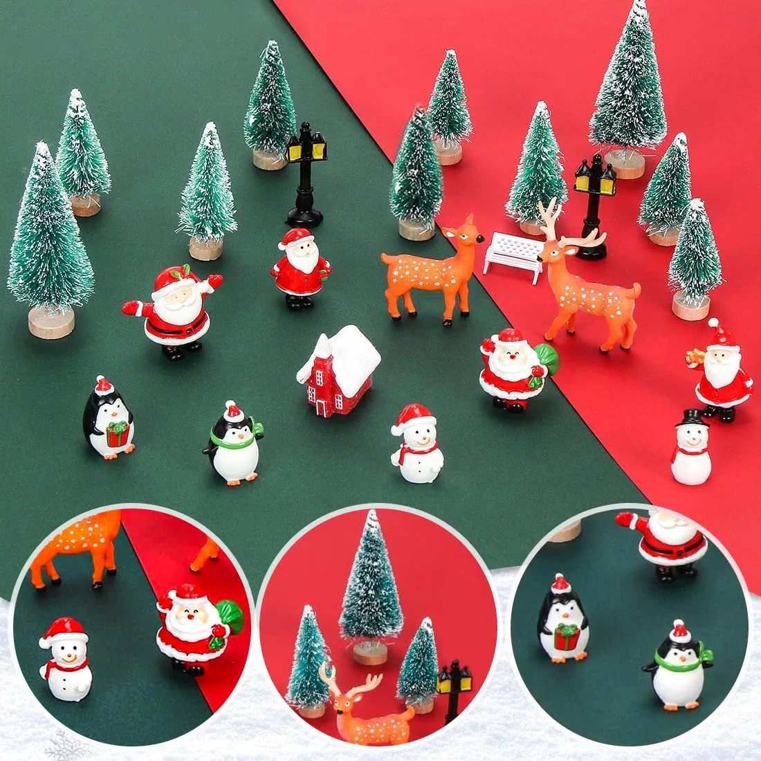 Bluelves 24 Stück Weihnachtliche Miniatur Ornamente und Figuren, Tischdeko mit Weihnachtsmann, Schneemann, Elch und Schneekugel