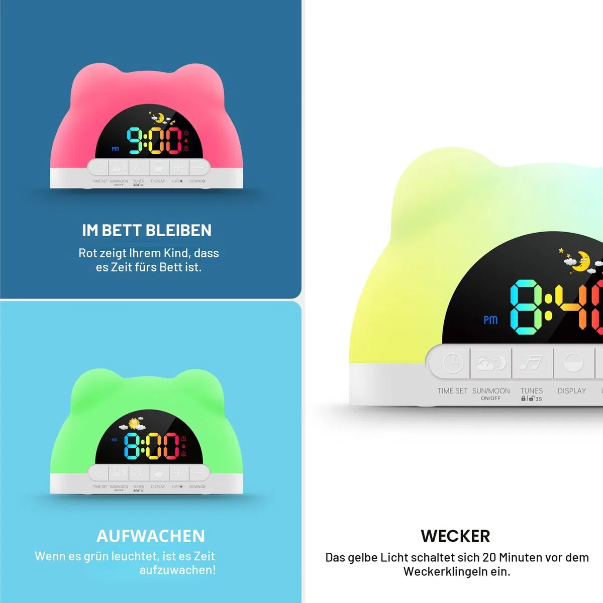 Azyh Kinderwecker, Wecker Digital für Mädchen Jungen, Schlaftrainer Kinder mit 11 RGB Farb Nachtlicht, OK zum Aufwachen der Plug-In Elektrische Wecker, 10 Soundeffekten, Dual Alarms, Snooze, 12/24