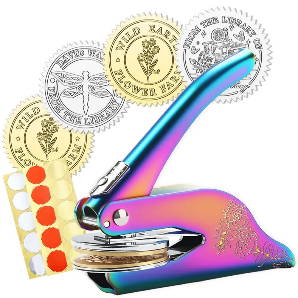 Prägestempel Personalisiert, Mit 100 Aufkleber, Buchstempel, Buchpräger mit eigenem logo, Messing, mit robustem Stahlgehäuse, für Bücher, Bibliothek, Hochzeit Einladung, Umschläge, Notarsiegel