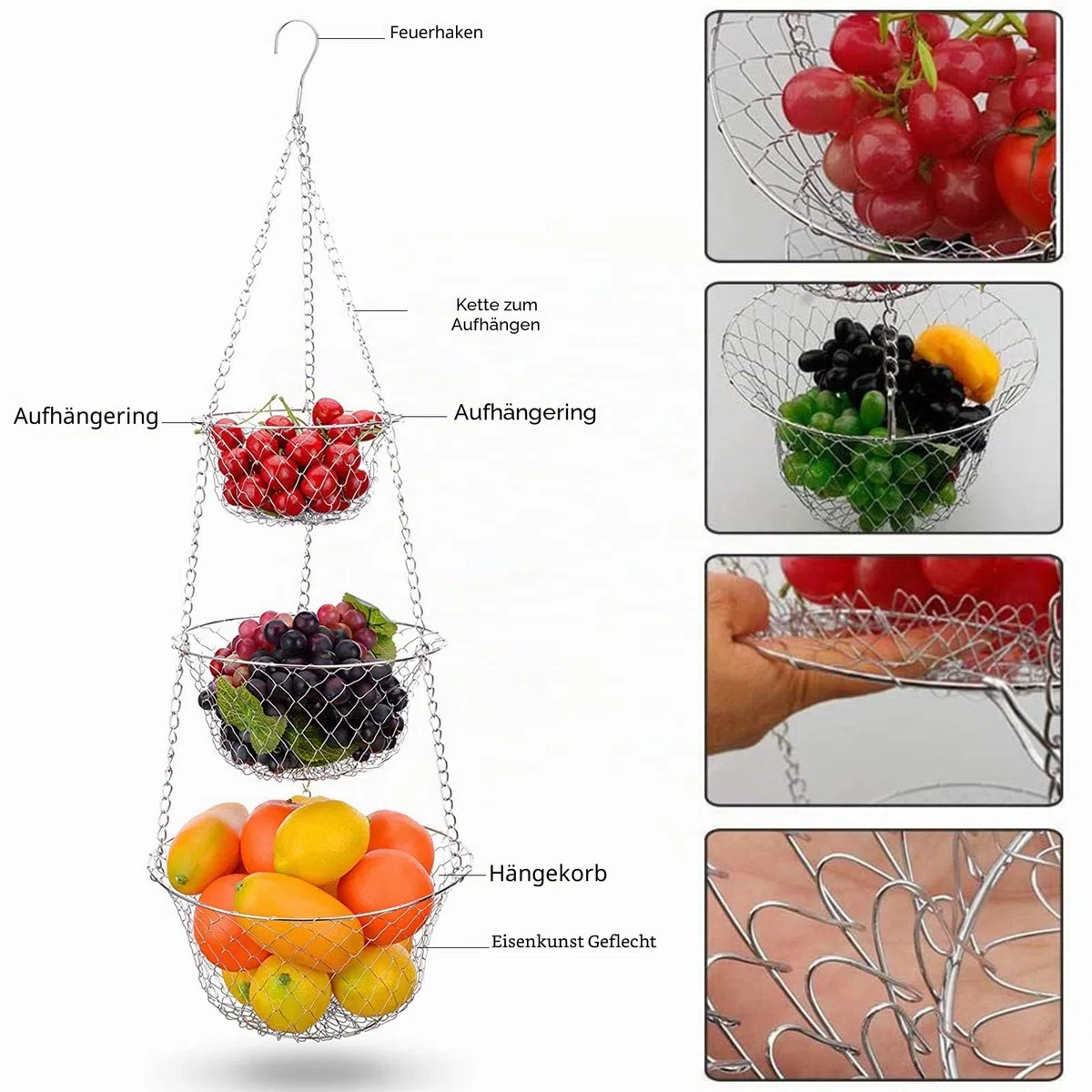 LxwSin 3-stufiger Hängend Obstkorb, Hängekörbe für Obst, Küchen Obst Hängekorb aus Metall, Korb Aufbewahrung Organizer Obstschale Hängend für Obst, Gemüse, Pflanzen, Individuell Einstellbar, Silber