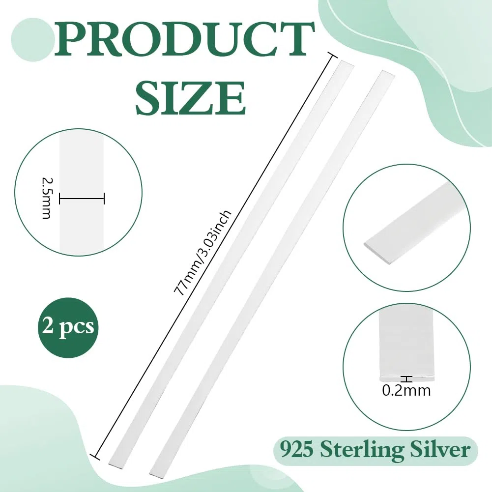 BENECREAT 2 Stück 77x2.5mm 925 Sterlingsilber Blech, Rechteckiges Silber Blanks, Kleine Silber Flache Bleche für Schmuckherstellung DIY Handwerke