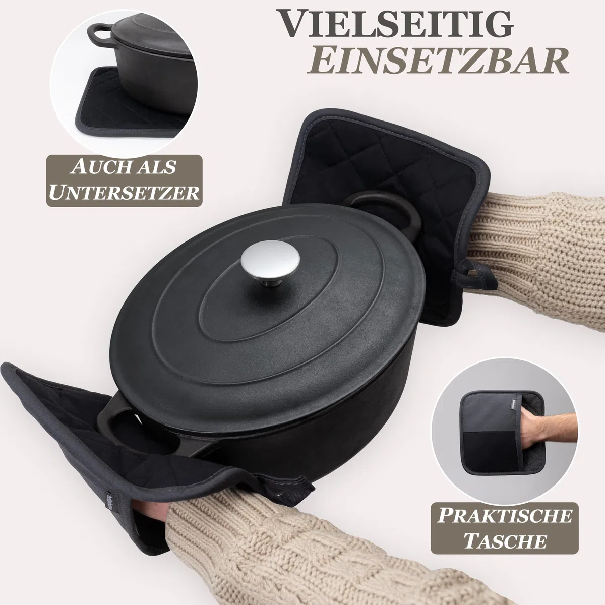 Bellphany Topflappen und Ofenhandschuhe Set - Topfhandschuhe zum Kochen & Backen, Backhandschuhe aus Baumwolle, hitzebeständig bis 250°C, Schwarz