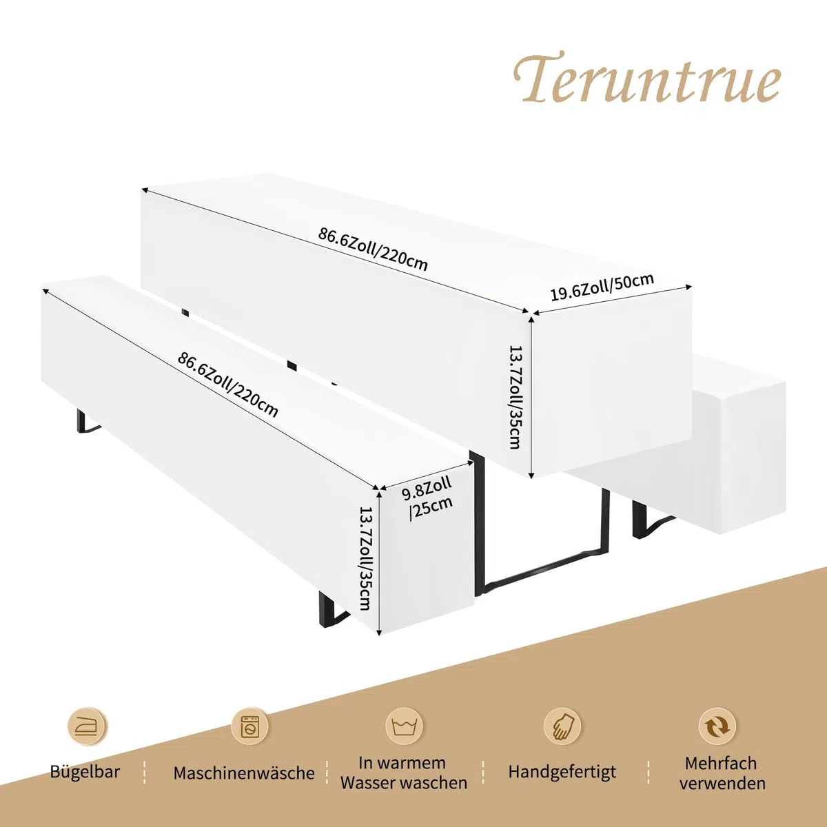 Teruntrue Bierzeltgarnitur Set 3tlg. Hussen für Bierzeltgarnitur 220 x 50cm – 2 Husse Biertisch + 4 Bierbank in Weiß - Biertischhusse Bierbankhusse Biertisch – 220x50cm Weiß