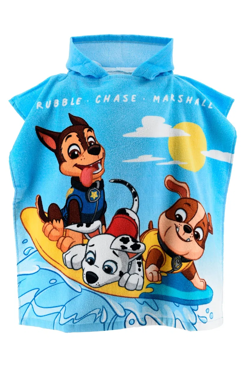 PAW PATROL Kinder Badeponcho mit Kapuze, Junge Mädchen Chase und Rubble Design, 100% Baumwolle, Schnelltrocknend, 55x110 cm, Handtuch, Strandtuch
