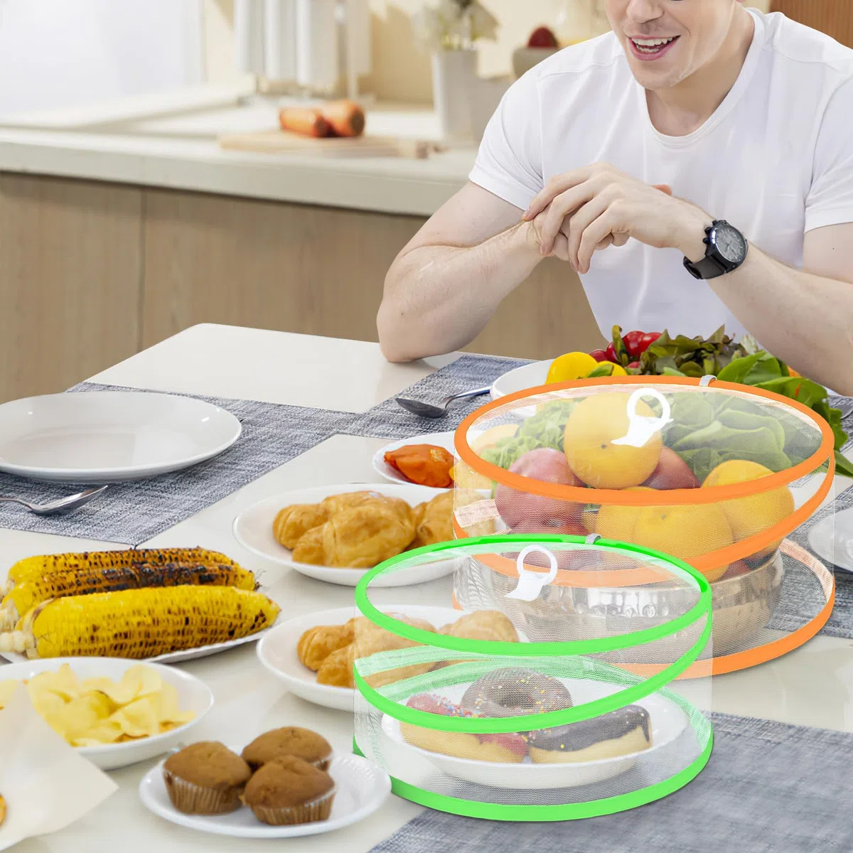 ecooe Fliegenhaube - 4er Set Faltbare Abdeckhauben für Lebensmittel, Netzhaube für Obst und Kuchen in Zwei Größen, Fliegenschutz und Insektenschutzhaube, für BBQ Salate, Picknick Camping