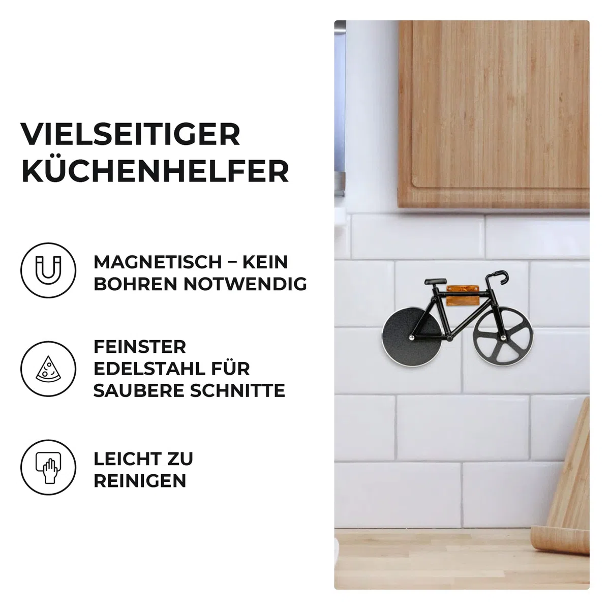 URBAN ZWEIRAD | Fahrrad Pizzaschneider inkl. magnetischer Wandhalterung | Antihaftbeschichtet & rostfrei | Familien Pizzaroller, Fahrrad Geschenkideen