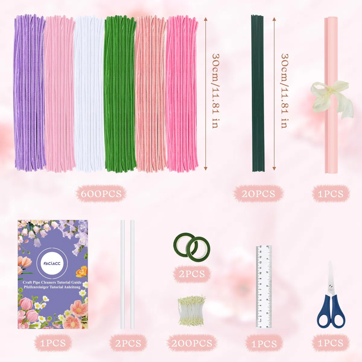 FACIACC 600 Stück Tulpenstraußes Pfeifenreiniger Blumen Set, Chenille-Blumenstiele in 6 Farben für Selbstgemachte Blumensträuße, inklusive Blumendraht, Klebeband, Staubgefäßen, Geschenkpapier, Schere