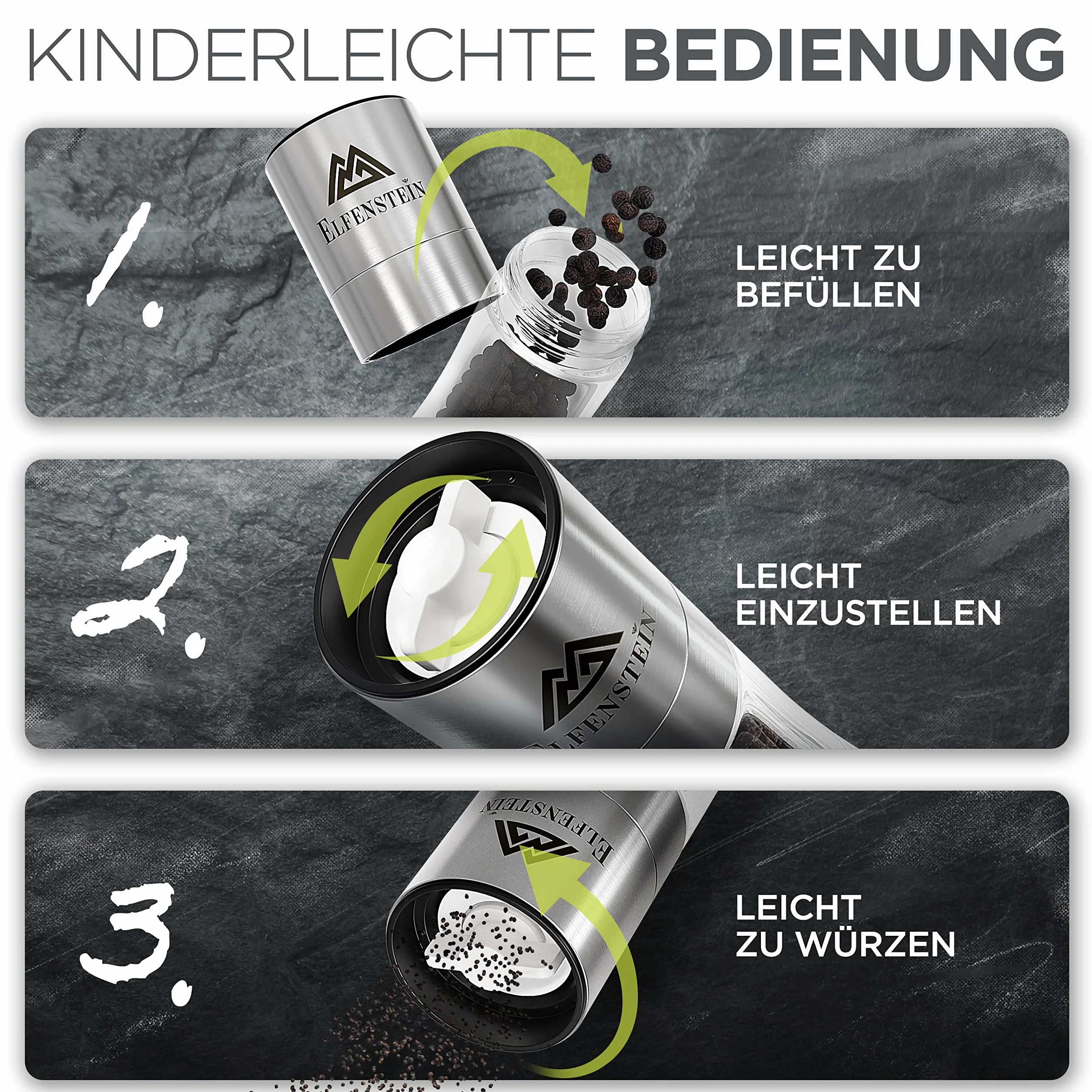ELFENSTEIN Edelstahl Salz und Pfeffermühle Set mit Keramikmahlwerk - stufenlos einstellbar - Pfeffer und Salzmühle für grobes Salz - Gewürzmühle