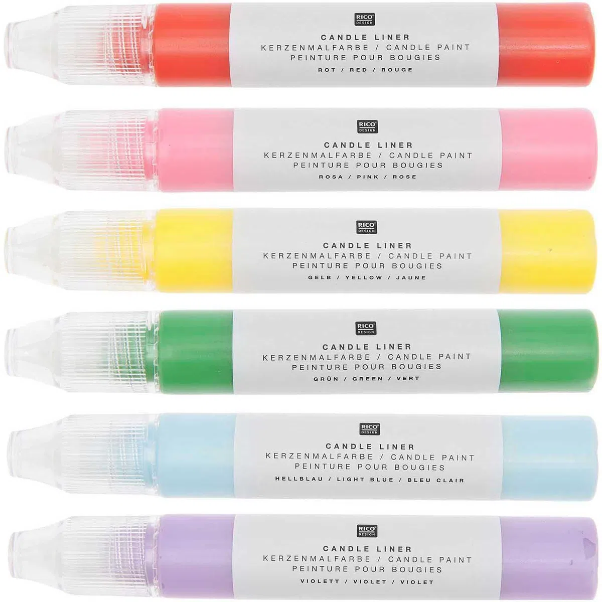 Rico Design 6 Stück Kerzen Liner, Kerzenmalfarbe - Kerzenmalkit - Mittelgroß - Erwachsene - Unisex - Tropisch - Ganzjährig - Regenbogen - Acryl - Mehrfarbig - Wachs - Faltbar: Nein