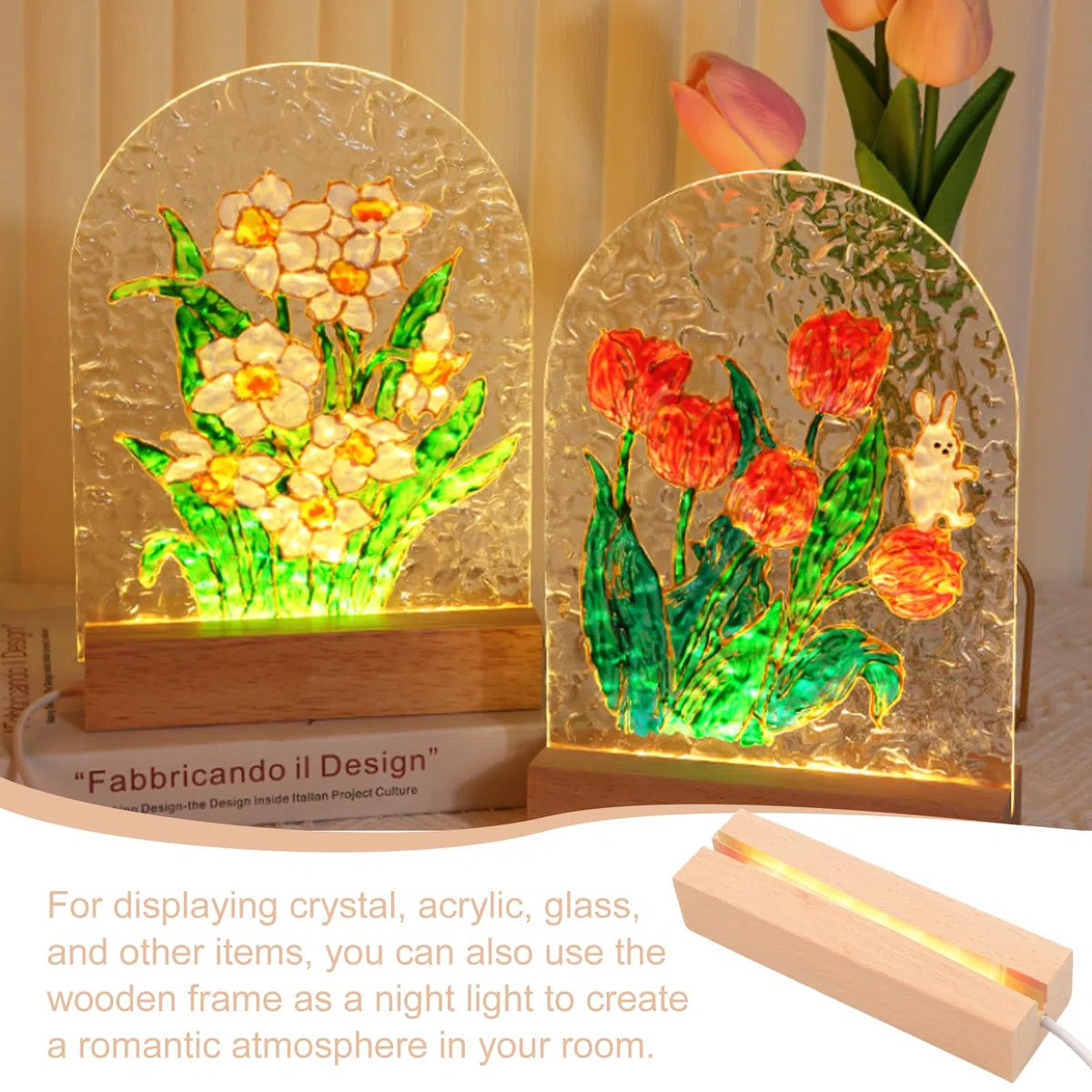 BAIFULAI 4 Stück LED Sockel Holz, 20cm Holzsockel, Lichtsockel mit USB-Schalter, Warme Farben, Leuchtsockel, Lichter Display Basis für 5 mm Dicke Acryl Platte Kristalle Glas Harz Kunst