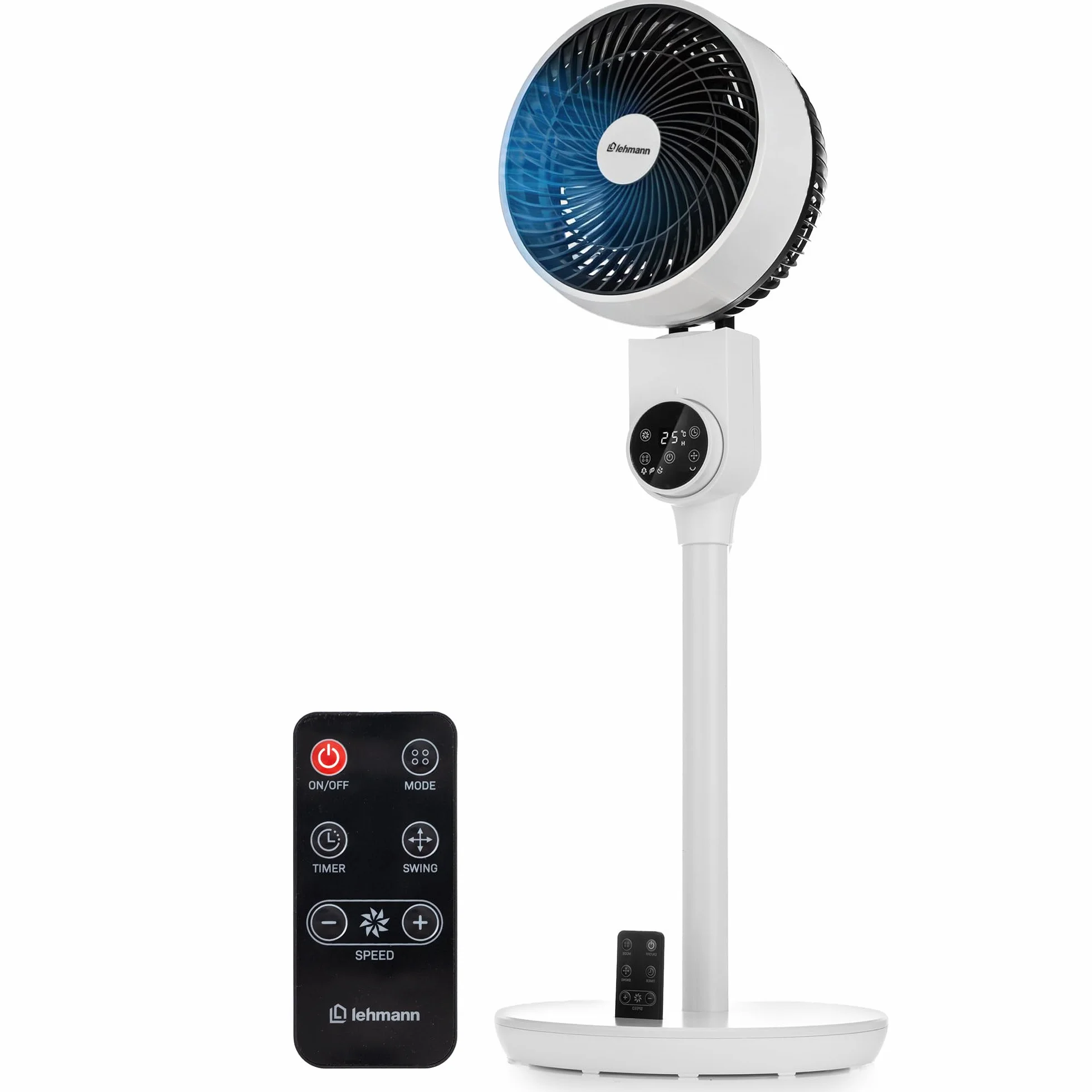 LEHMANN Standventilator, leiser Ventilator mit Schlafmodus & Naturmodus, Timer 12 h, Fernbedienung, LED-Display, 75° horizontale Oszillation + 90° manuell vertikale Neigung, 3 Geschwindigkeiten