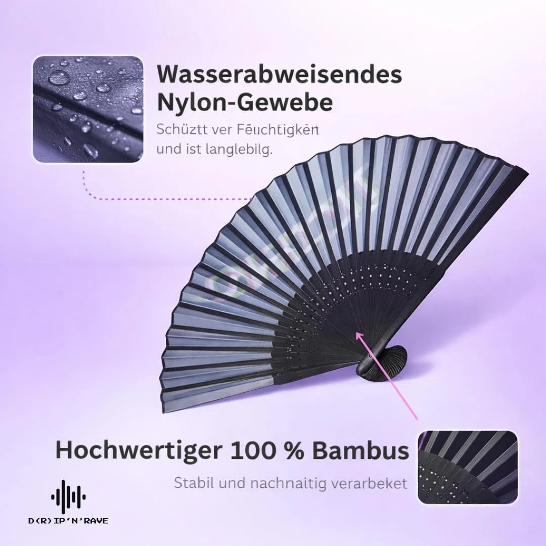 2 Pack Set Techno Rave Handfächer - Fächer klein stabil schwarz Bambus Holz - Sommer Hand Fan Asiatische Deko für Geburtstag, Party, Club, Festival, Rave, Hochzeit, Fotografie, Wand Dekoration