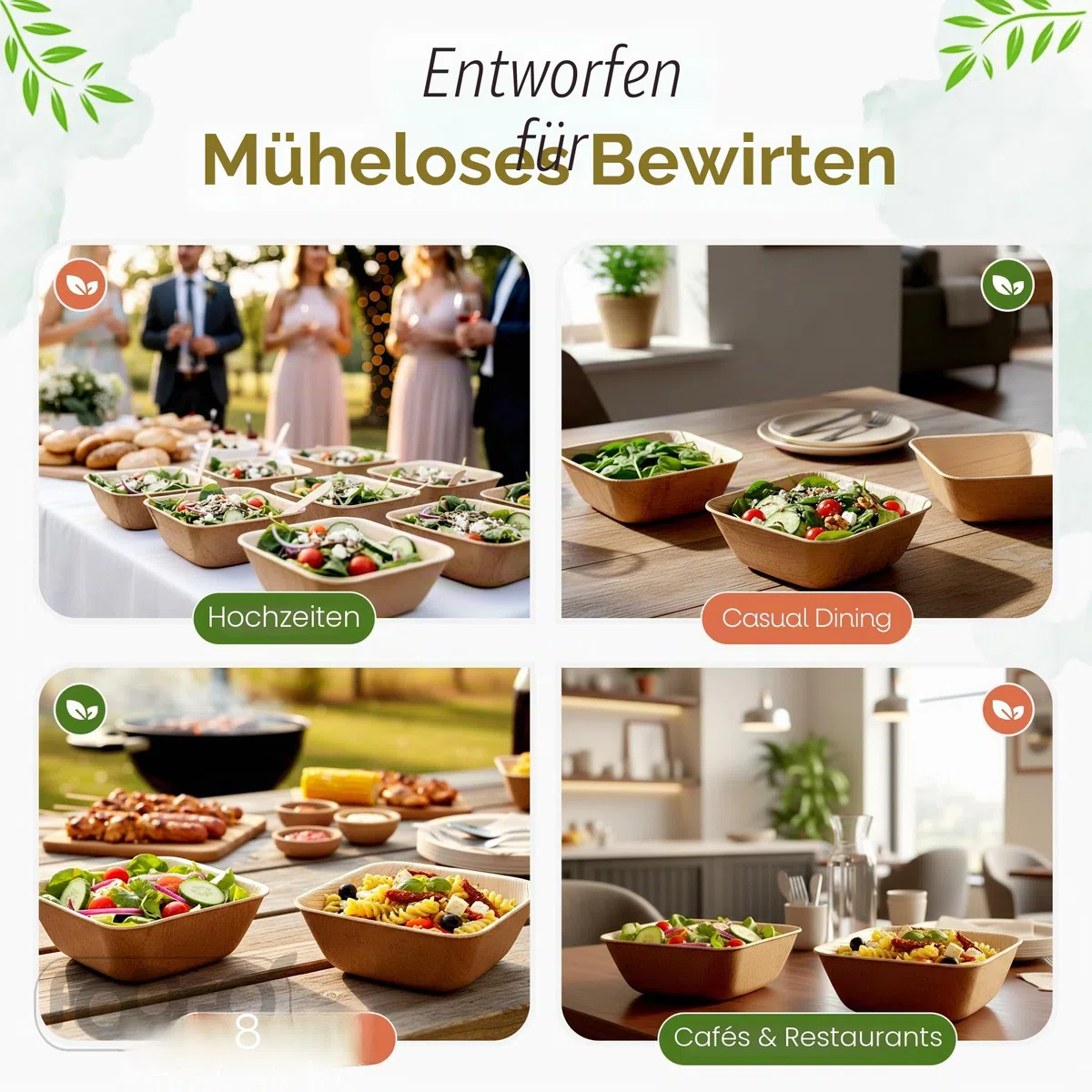 FOOGO Green 10x Palmblatt Schalen eckig 1000 ml 20x20 cm – kompostierbar & naturbelassen – extra stabil & fettresistent – nachhaltiges Einweggeschirr