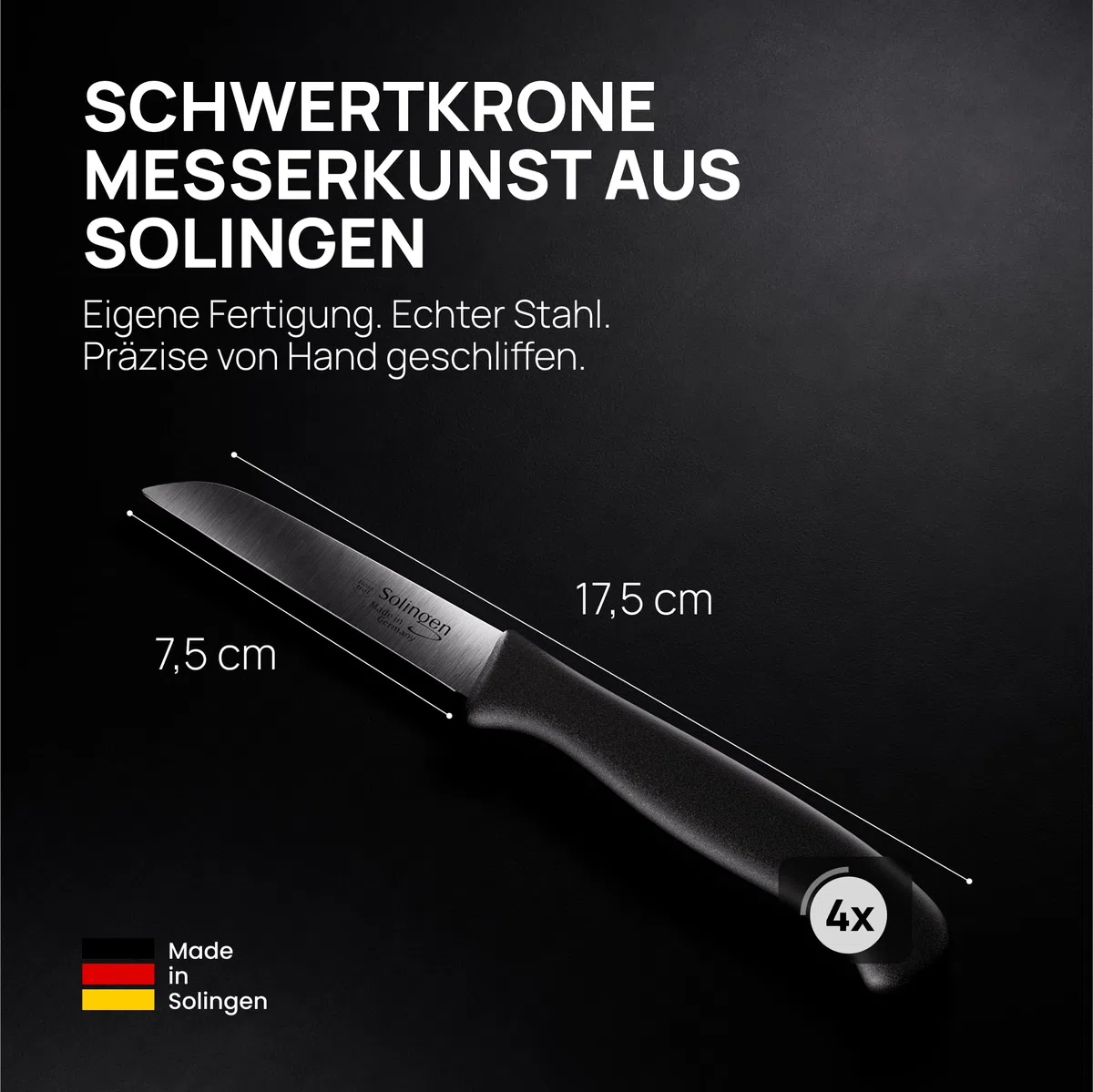 Schwertkrone® Schälmesser 4er Set [MADE IN SOLINGEN - GERMANY] - Gemüsemesser Obstmesser - Küchenmesser klein scharf - Schneidemesser Kartoffelschälmesser - Allzweckmesser rostfrei (4x 3 gerade)