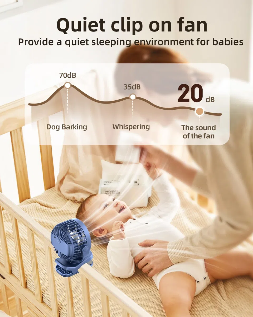 TUNISE USB Ventilator mit Clip, Mini Ventilator 3 Stufen 4,5 m/s, 2000mAh Akku 9,5Std Laufzeit, Tischventilator für Büro Kinderwagen Bett Camping,Blau
