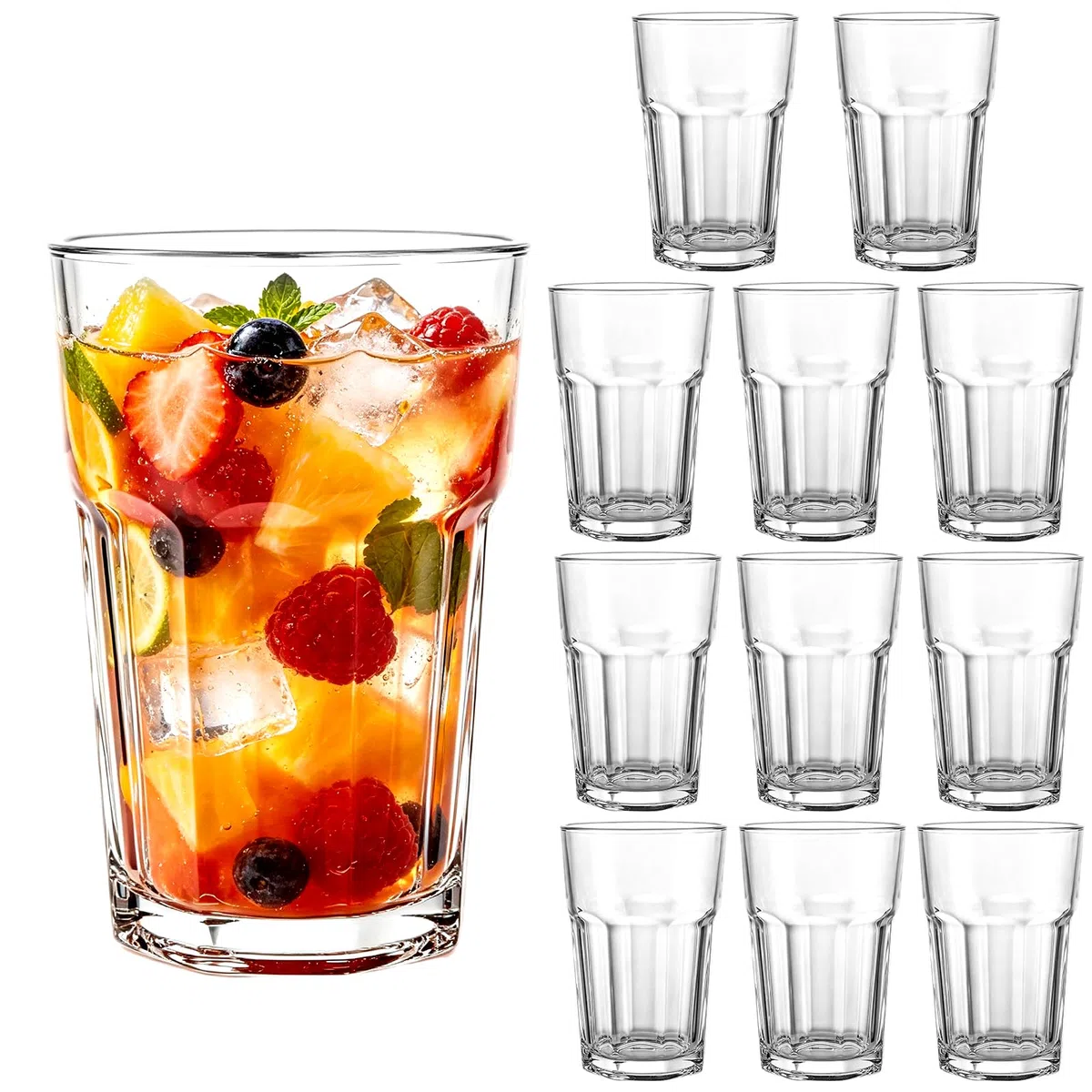 12 Stück Cocktailgläser Set, Trinkgläser Set 430 ml aus Transparentem Bleifreiem Glas, Longdrinkgläser und Biergläser für Wasser, Saft, Eiskaffee, Hausbar und Party