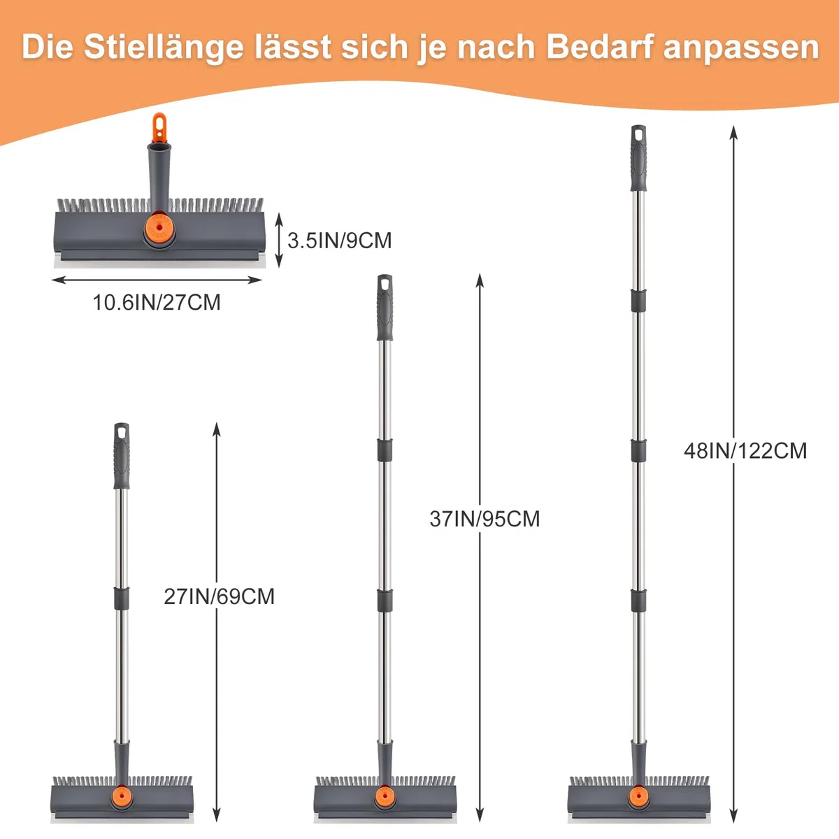 Mitclear Boden-Scheuerbürste mit Stiel(122cm), Schrubber Terrasse mit harten Borsten & Gummilippe, Terrassenreiniger, Scheuerbürste für die Reinigung von Fliesen, Dusche, Balkon, Bad, Garage, Küche