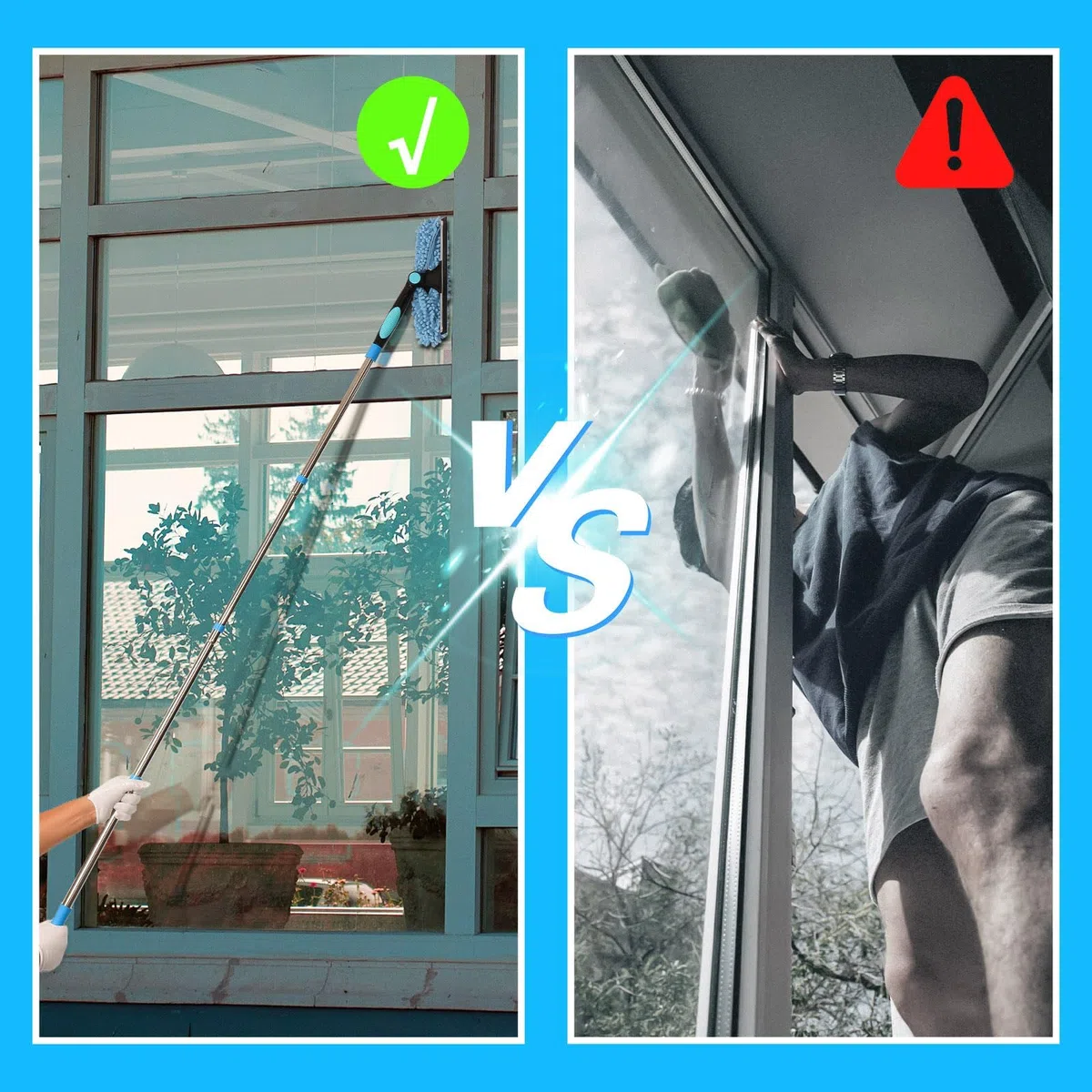 Terafeels 170cm Teleskop Fensterwischer Abzieher Set, 2 in 1 Teleskopstange Fensterreinigung ür Innen und Außen Hohe Fenster Autoglas (Blau)