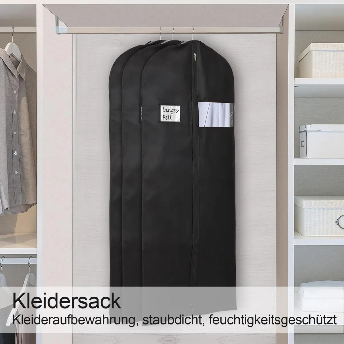 BOMEI PACK Schwarz Kleidersack Kleiderhülle Abdeckungen,atmungsaktiv, 60cmx160cm,3er-Pack,Kleidersäcke, mit transparentem Fenster und Reißverschluss staubdicht, für Anzug, Mantel, Jacke