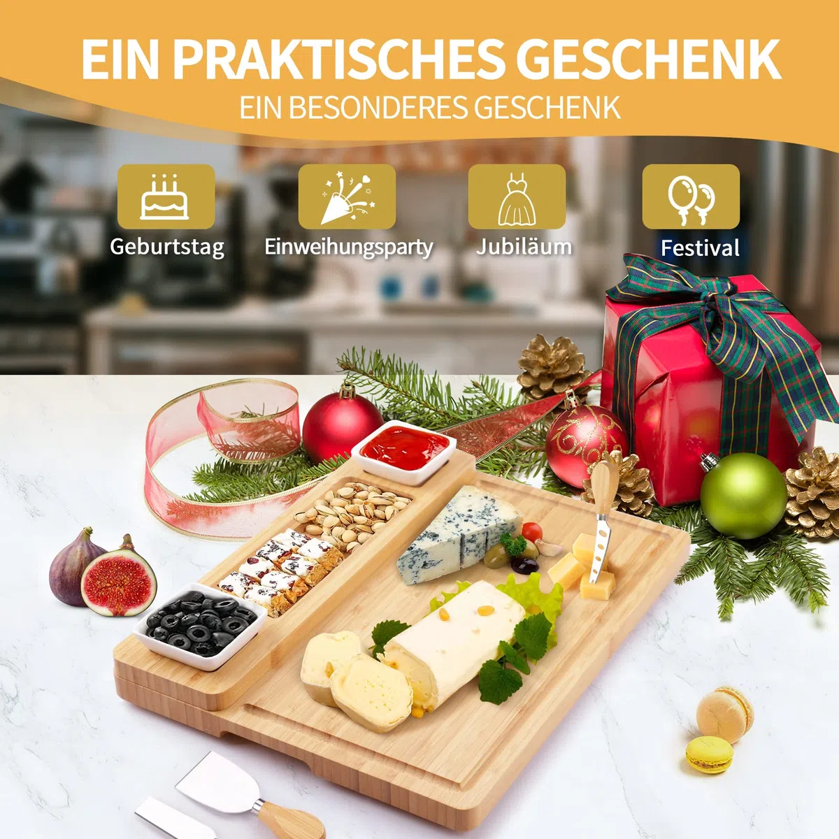 Käsebrett aus Bambus mit Käse Werkzeugen, charcuterie Board, Käseplatten-Set, Serviertablett für Weincracker, Brie und Fleisch, Bambusheber, Einzugsgeschenk für Leckereien und Weihnachten
