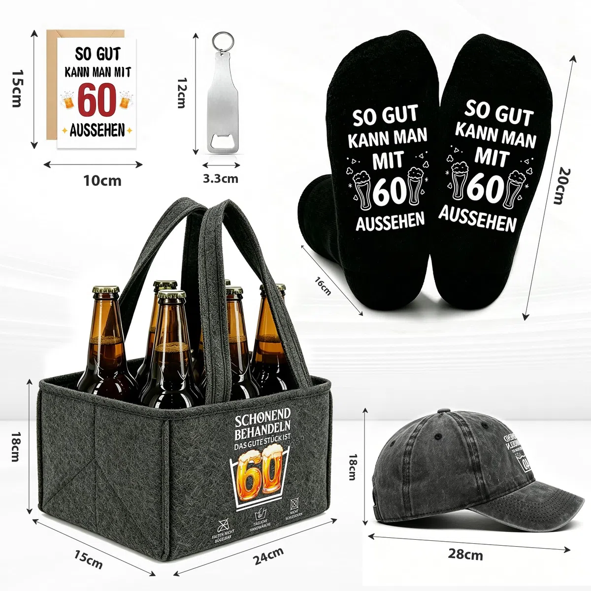 YSUVIN 60 Geburtstag Mann, Bier Handtasche Set Geburtstagsgeschenk für Männer, Filz Flaschentasche 6 Flaschen mit Flaschenöffner Socken Hut Grußkarten, Geschenk Mann für Kollege Freund Partner